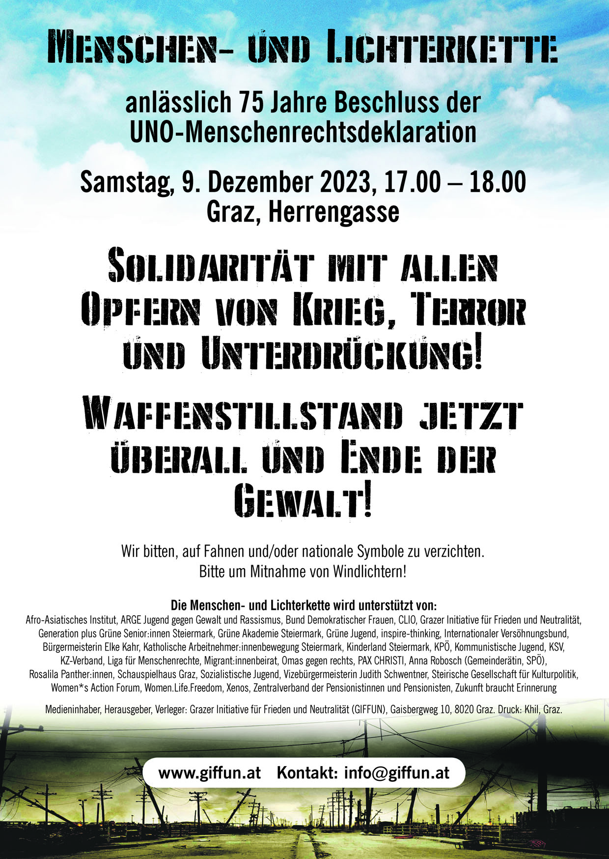 9. Dezember, 17.00 – 18.00, Graz, Herrengasse:Menschen- und Lichterkette anlässlich 75 Jahre Beschluss der UNO-Menschenrechtsdeklaration